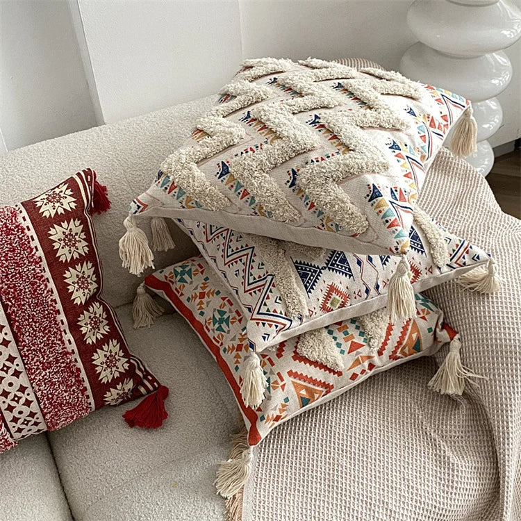 Boho Tufted Throw Pillow Cover with Handwoven Stripes Tribal Bohemian Cotton Hand Woven Tufted Square Cushion Covers JAF076