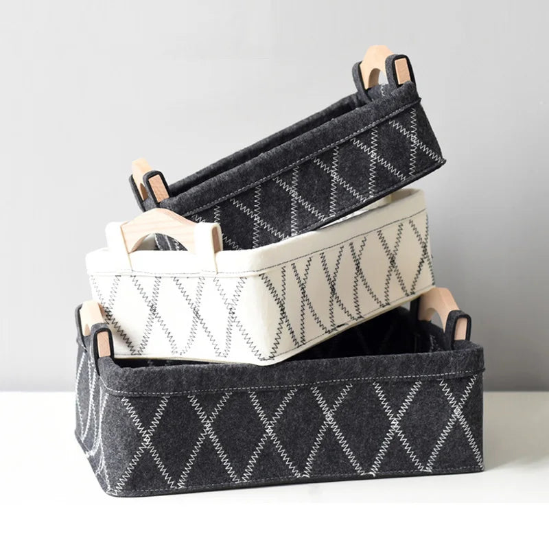 Felt Storage Basket Desk Organizer Toy Basket Storage Bins Makeup Organizer Basket Desktop Wooden Handle Storage Organizer Box