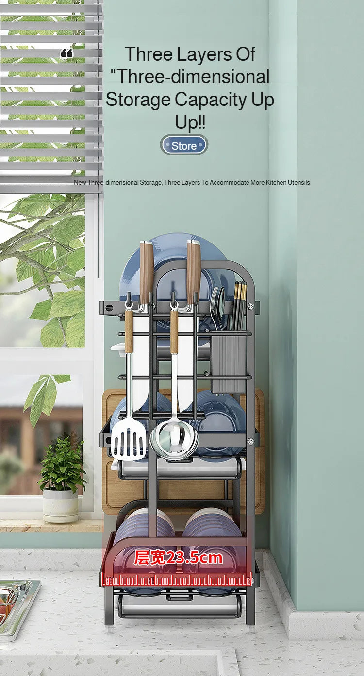 【Multi-Functional Kitchen Storage Rack】Dish Plate Organizer with Drainage Rack Countertop Utensil Holder for Chopsticks &