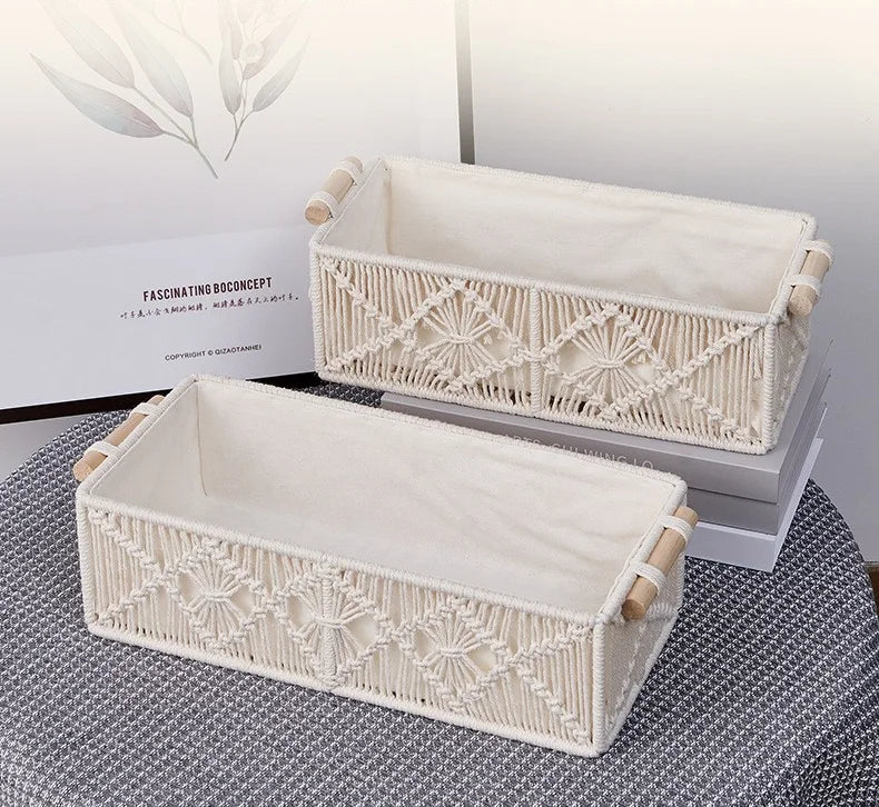 Handmade Woven Basket Cotton Rope Storage  Book Toy Desktop Sundries Storage Box Literary and Retro Style