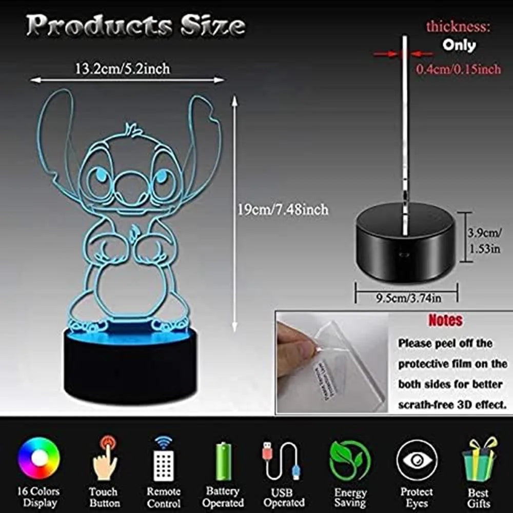 Stitch Night Light 3D Lamp16 Colors with Remote Control Room Decor Valentine's Day Anniversary Birthday Present Christmas Gifts