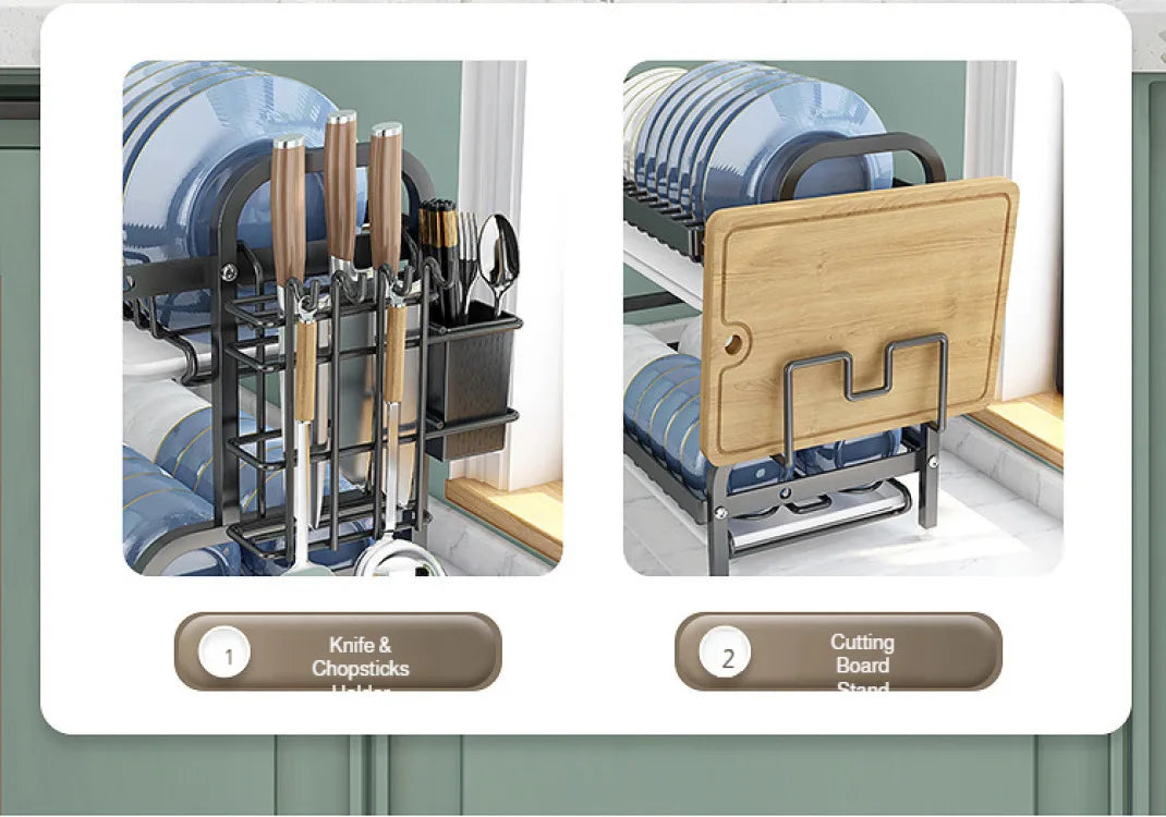 【Multi-Functional Kitchen Storage Rack】Dish Plate Organizer with Drainage Rack Countertop Utensil Holder for Chopsticks &