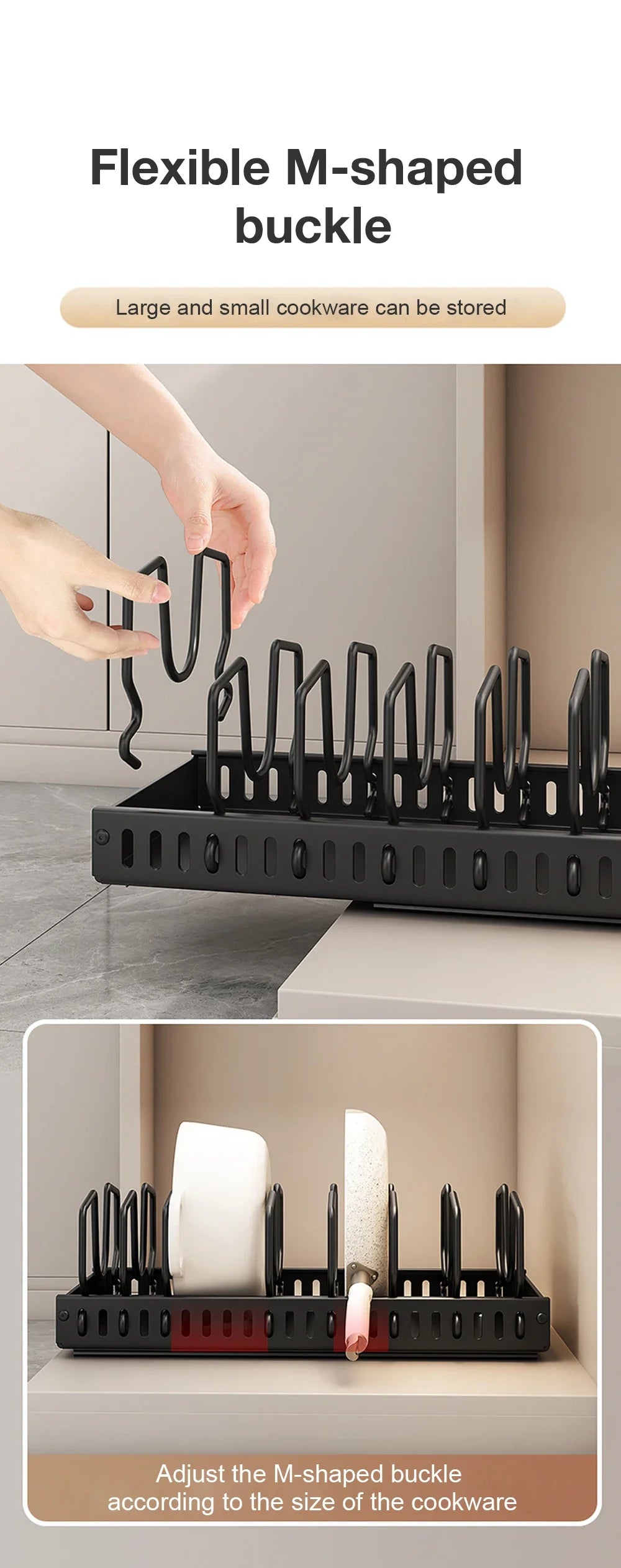 Kitchen Pots and Pans Organizer Under Cabinet Sliding Drawer Pot Lid Organizer Pull Out Cabinet Storage Tray with 8 Dividers