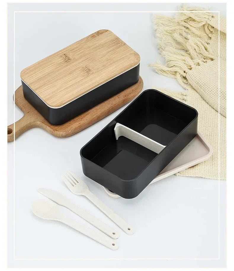 New Japanese Style Bento Box, Minimalist Double-layer Lunch Box with Knife, Fork, Spoon, Divided Student Lunch Box