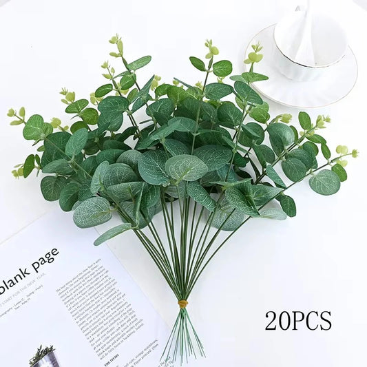 10pcs Eucalyptus Leaves Artificial Plastic Plants Leaves Bunch Branch Green Stems Wedding Faux Fake Flowers Cake DIY Decor