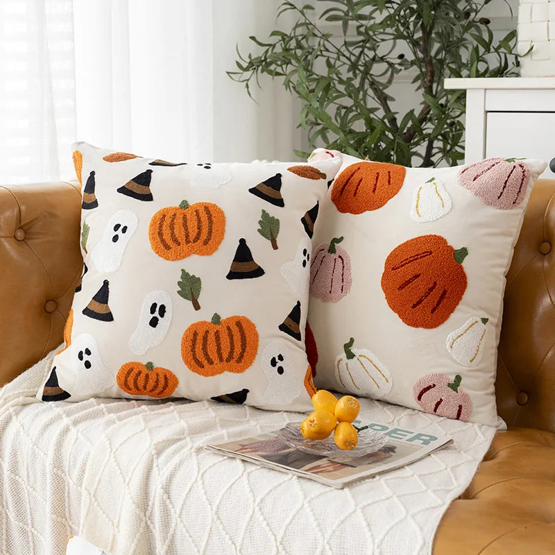 Towel Embroidery Pillow Cover Canvas Embroidered Halloween Pumpkin Cushion cover Pillow Autumn Office Throw Pillowcase