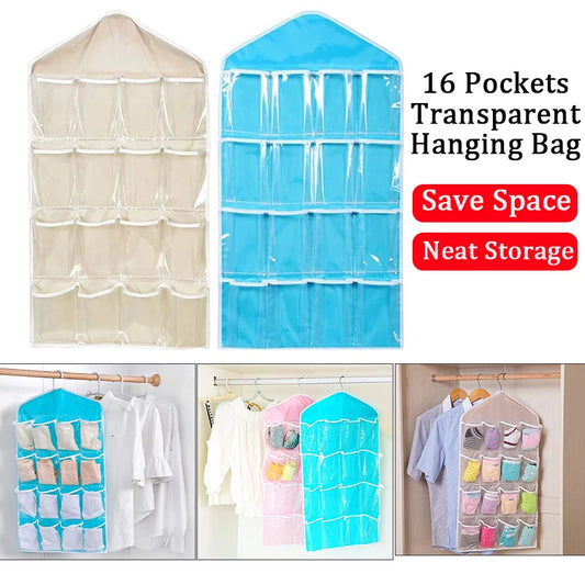 1PC 16 Grid Wall-mounted Clothes Organizer Fabric Closet Bag Storage Rack Mesh Pocket Clear Hanging Over The Wardrobe