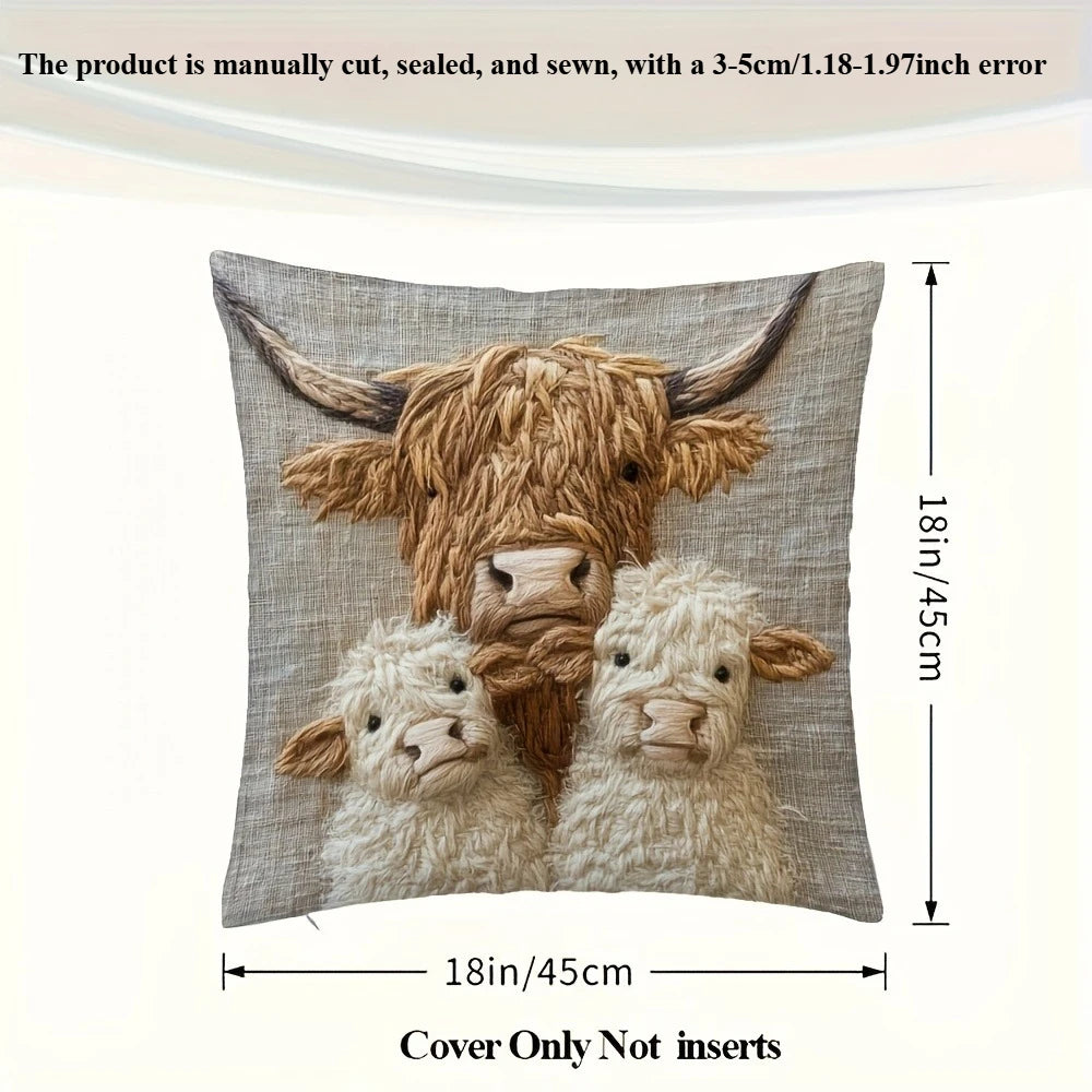Highland Cow Family Design Pillow Cover-Soft Polyester,45cm x 45cm,Zipper Closure,Machine Washable (Pillow Insert Not Included)