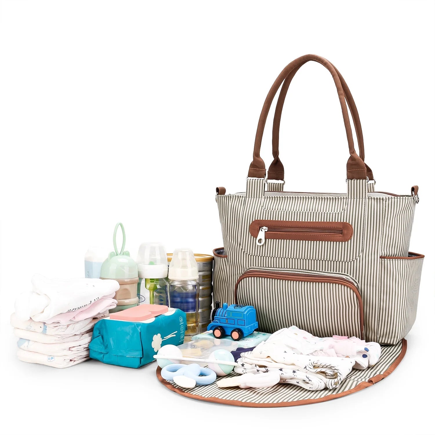 8Pcs Baby Nappy Diaper Bags with Bottle Bag Mesh Bag Purse Diaper Pad 2 Burp Cloths 2 Hook Straps Unisex Travel Diaper Bag for Mom Dad, Khaki