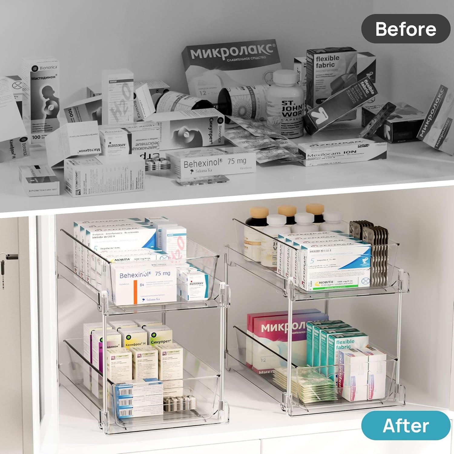 4 Pack Bathroom Organizer, 2 Tier Clear under Sink Organizers Vanity Countertop Storage Container,Cabinet Drawers Bins, Pull-Out Organization with Track for Pantry, Kitchen