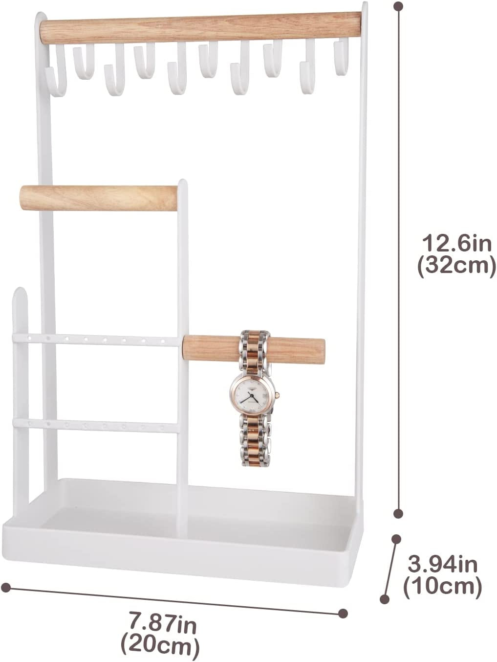 Jewelry Stand Holder Organizer, 4-Tier Necklace Holder with Ring Tray, 10 Hooks Necklaces Hanging Small Jewelry Display Storage Tower Tree for Bracelets Earrings Watches -Medium, White