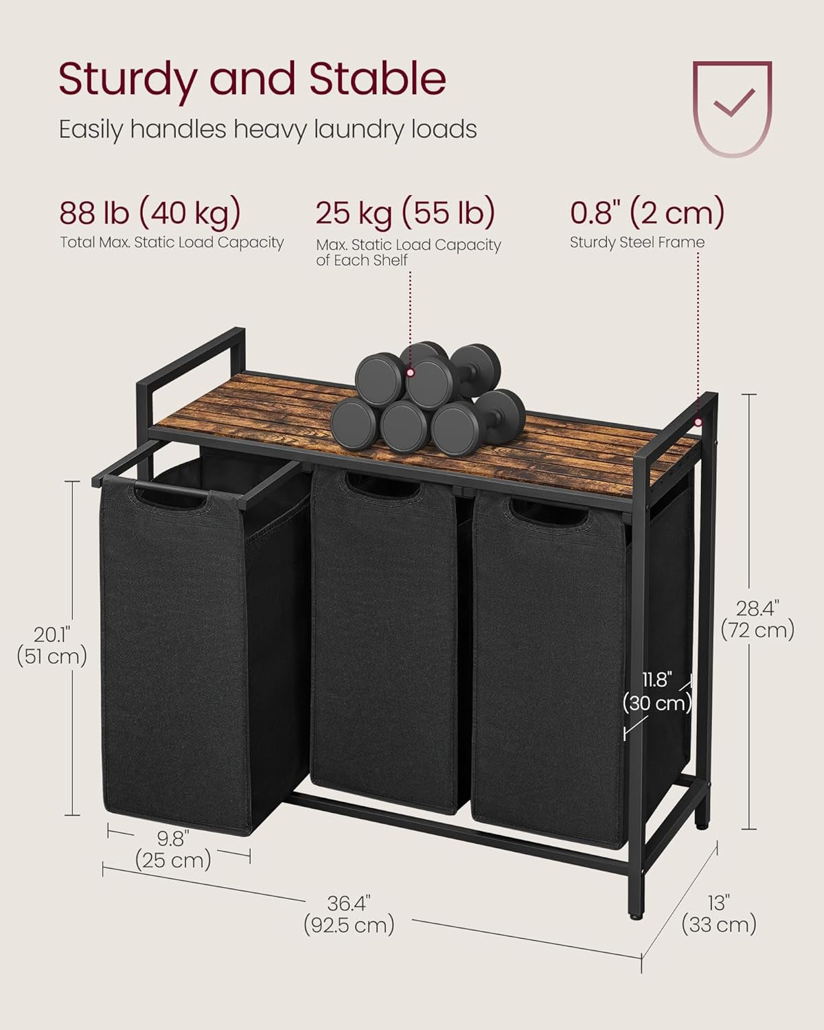 Cesto Para Ropa Sucia, Cesta Colada, 3 Bolsas Colada De Tela Oxford Extraíble Y Desmontable, 3 X 38 L, 92.5 X 33 X 72 Cm, Estante, Marco Metálico, Negro MBLH301B01