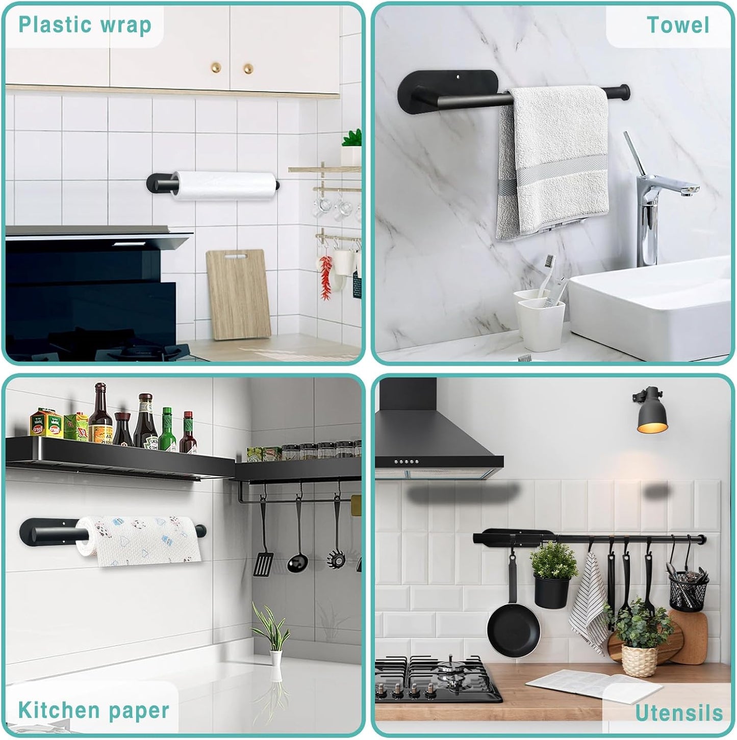 Paper Towel Holder, Self Adhesive or Drilling Paper Towel Holder under Cabinet, Stainless Steel Black Paper Towel Holders Wall Mount for Kitchen, Bathroom, Sink, Pantry, Fridge
