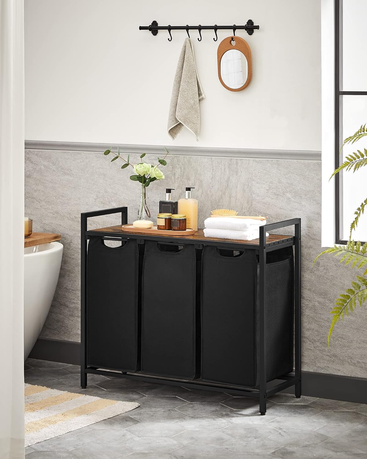 Cesto Para Ropa Sucia, Cesta Colada, 3 Bolsas Colada De Tela Oxford Extraíble Y Desmontable, 3 X 38 L, 92.5 X 33 X 72 Cm, Estante, Marco Metálico, Negro MBLH301B01