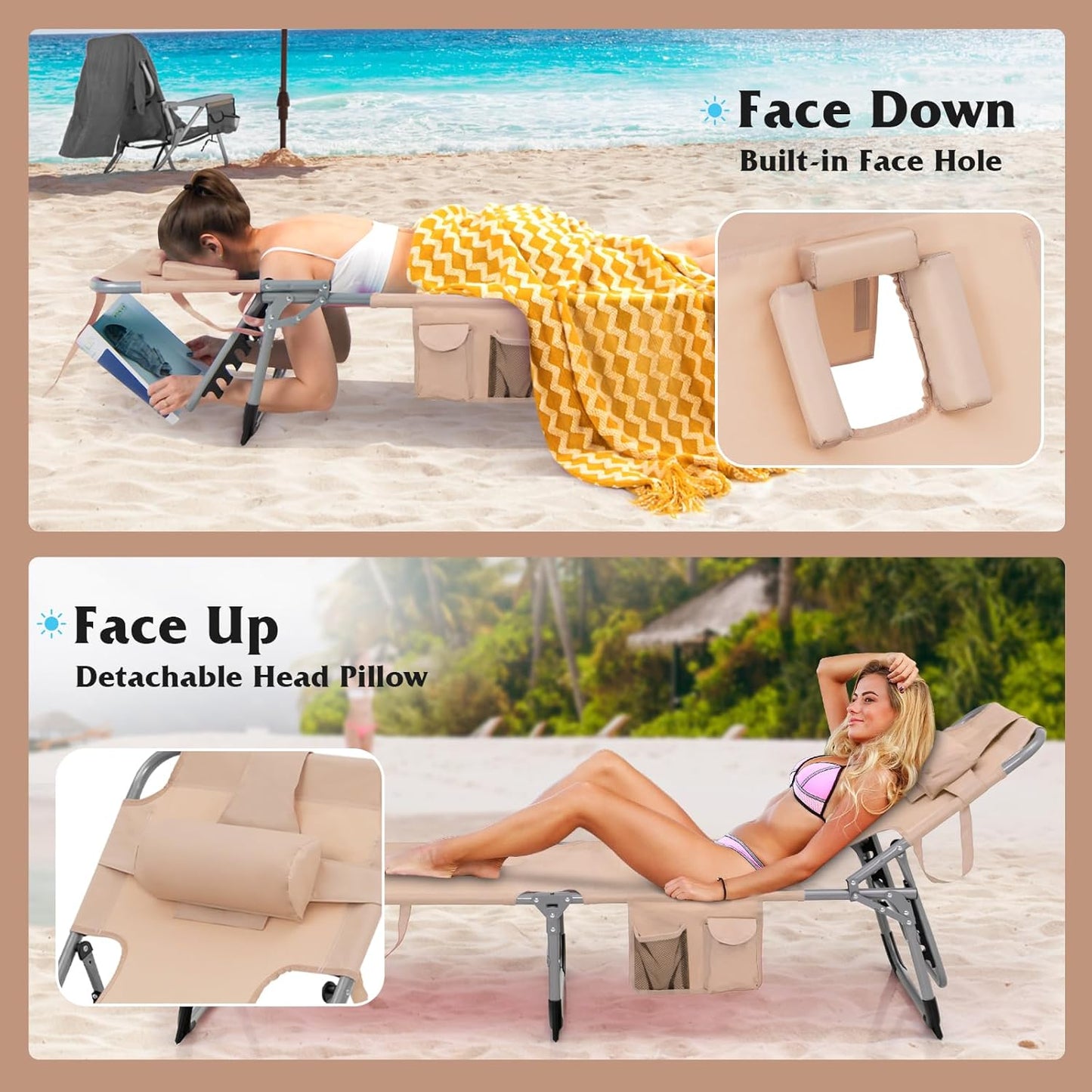 Tanning Chair, 330Lbs Portable Lounge Chair with 5-Position Adjustable Backrest, Face Arm Holes, Side Pocket, Folding Patio Chaise Lounger for Beach, Poolside, Outdoor Sunbathing (1, Beige)