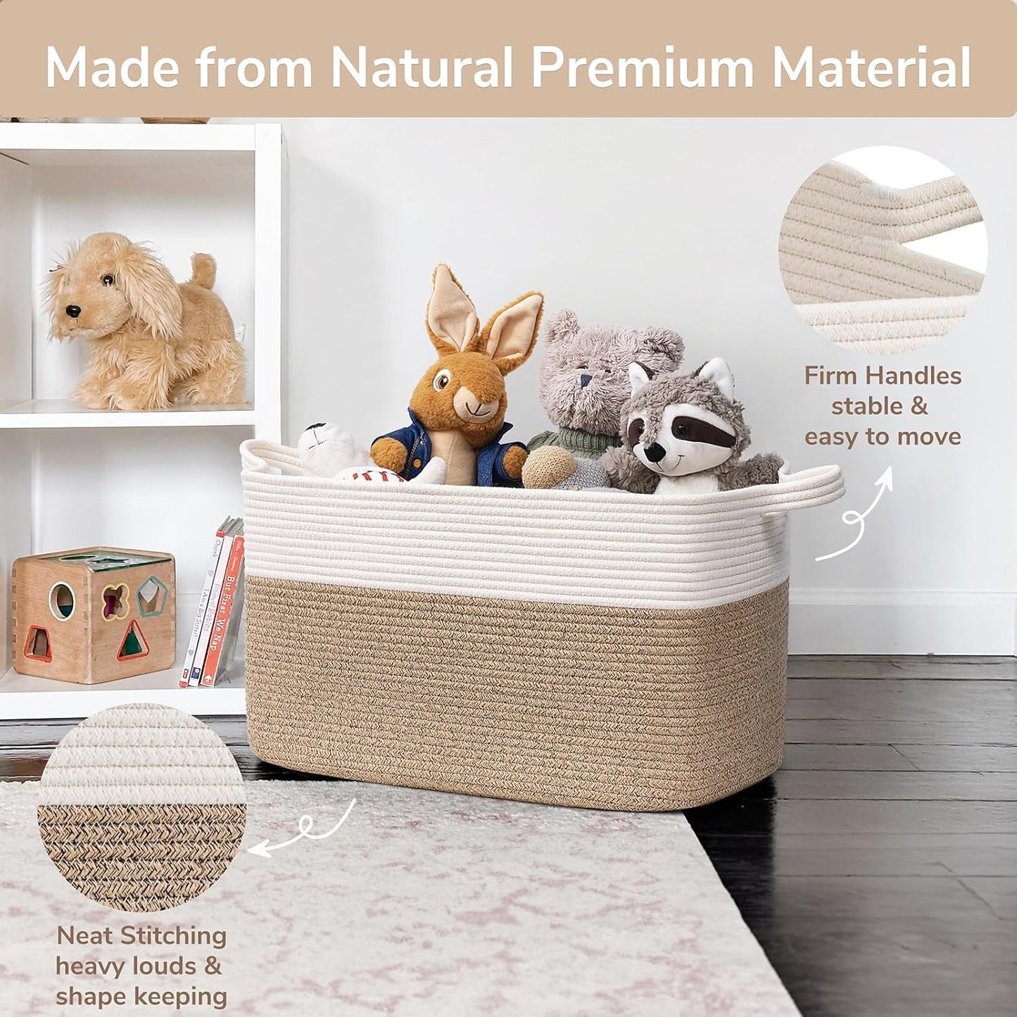 Large Woven Blanket Basket, 21.6" X 14.9" X 11.8" Storage Baskets for Organizing, Rectangle Cotton Rope Toy Basket for Living Room, Bedroom, White & Brown