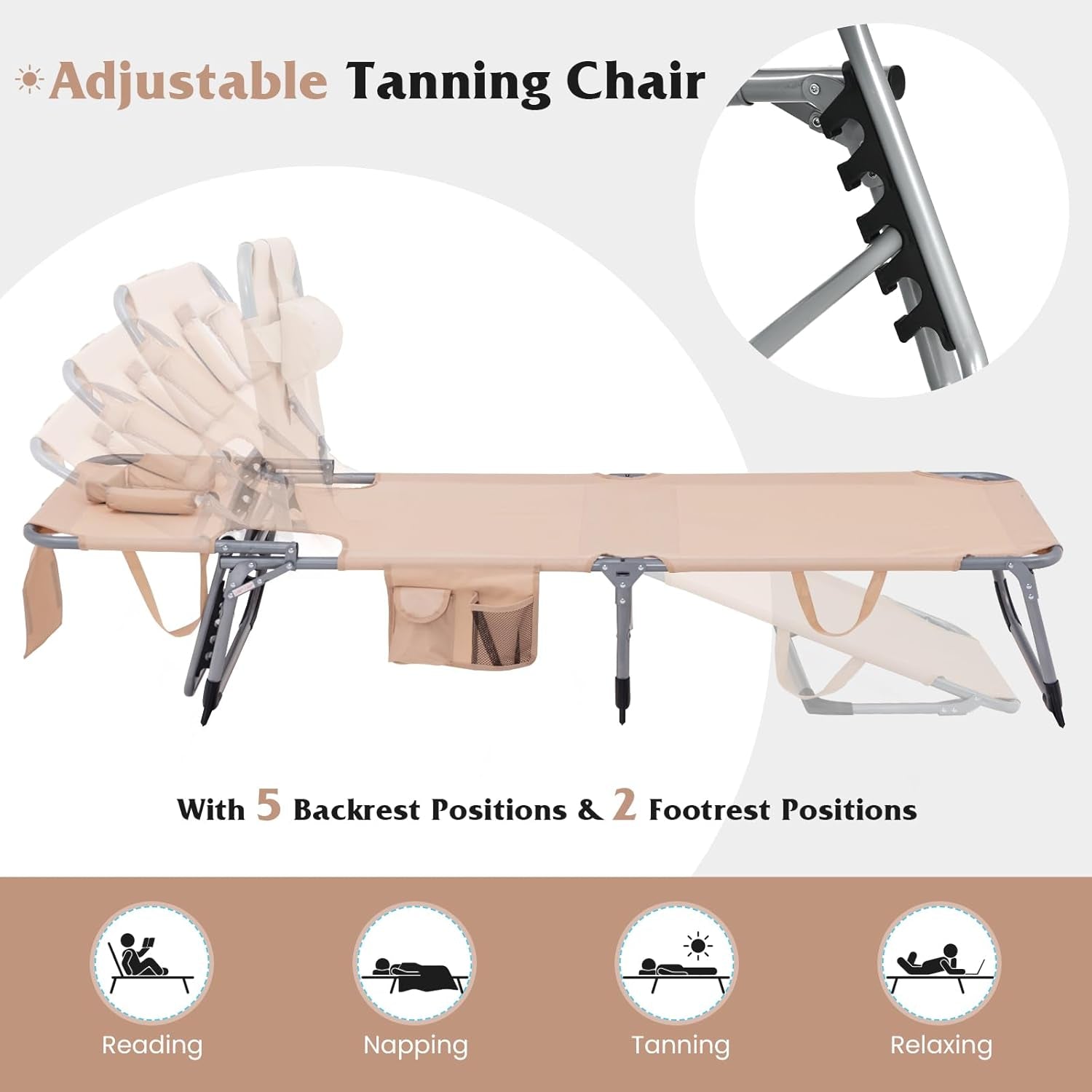 Tanning Chair, 330Lbs Portable Lounge Chair with 5-Position Adjustable Backrest, Face Arm Holes, Side Pocket, Folding Patio Chaise Lounger for Beach, Poolside, Outdoor Sunbathing (1, Beige)
