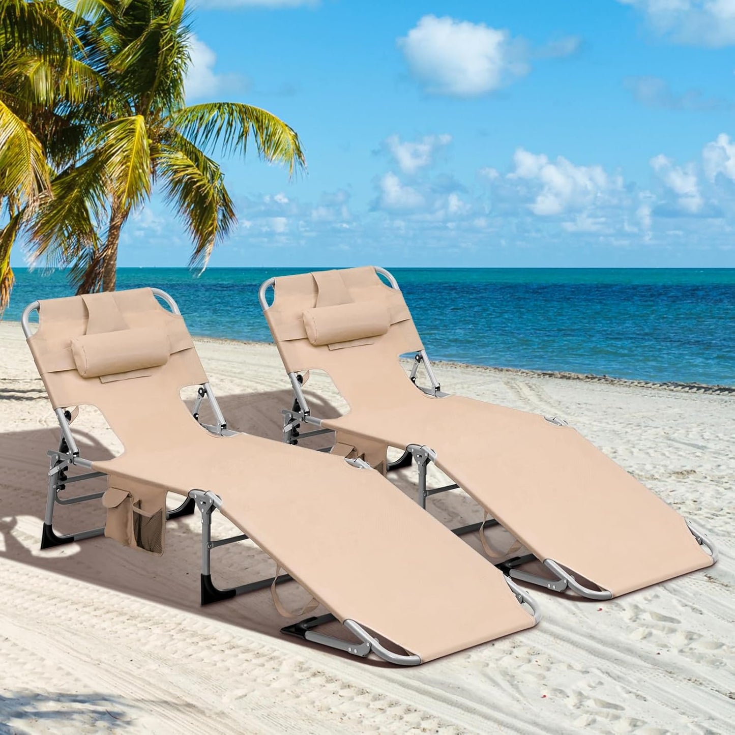 Tanning Chair, 330Lbs Portable Lounge Chair with 5-Position Adjustable Backrest, Face Arm Holes, Side Pocket, Folding Patio Chaise Lounger for Beach, Poolside, Outdoor Sunbathing (1, Beige)