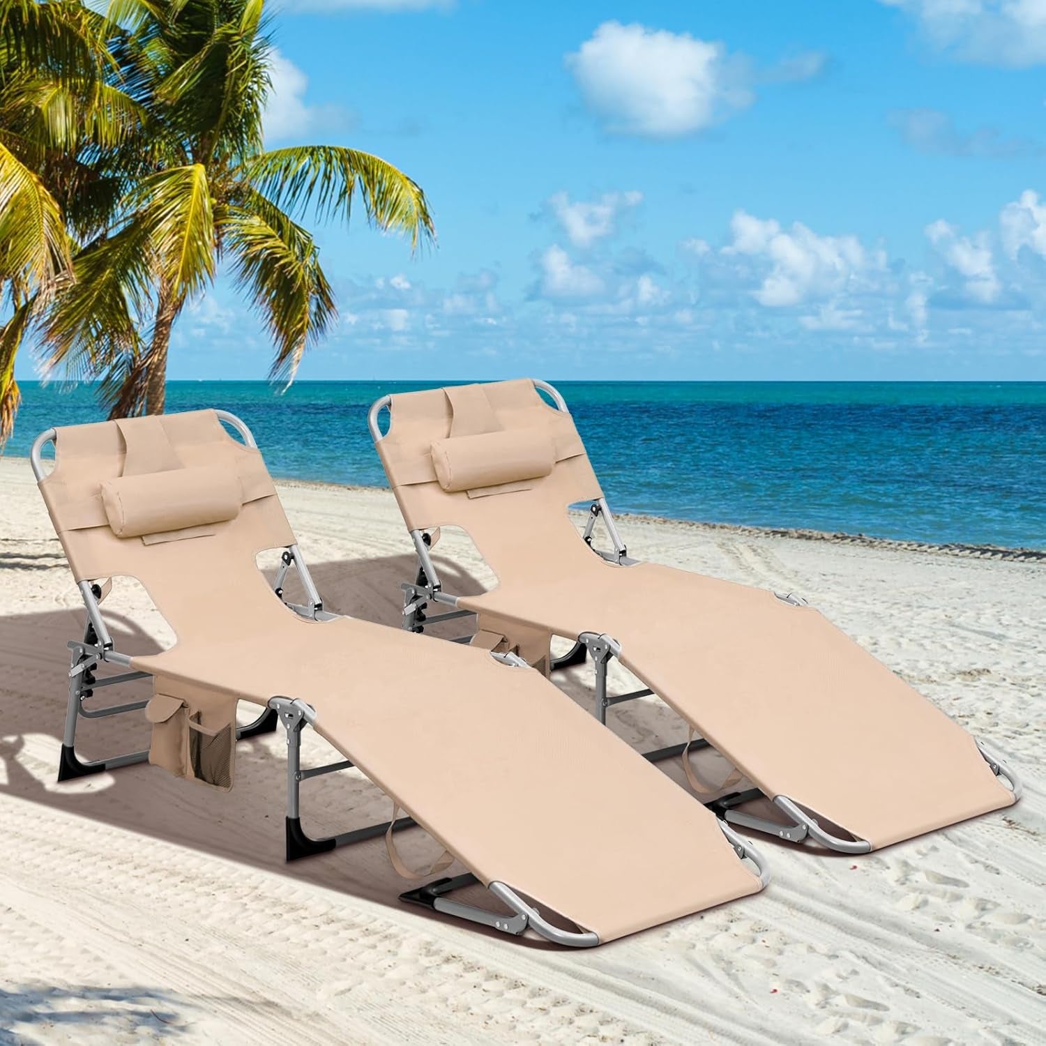 Tanning Chair, 330Lbs Portable Lounge Chair with 5-Position Adjustable Backrest, Face Arm Holes, Side Pocket, Folding Patio Chaise Lounger for Beach, Poolside, Outdoor Sunbathing (1, Beige)