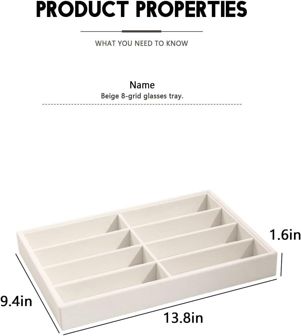 Sunglass Organizer, Beige Velvet Glasses Trays - Eyeglasses Watches Jewelry Display - Men Women (8 Grids)