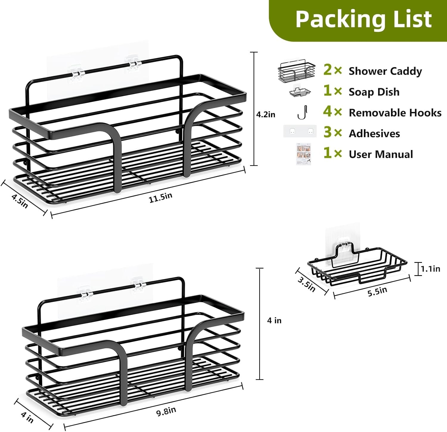 Shower Caddy, Adhesive Shower Organizer with Soap Dish and 4 Hooks, Rustproof Stainless Steel Shower Shelves, Wall Mounted No Drilling Storage Shelf Basket Accessories for Bathroom & Kitchen